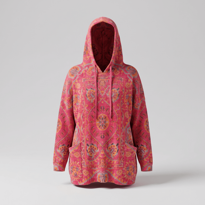 Bohemian hooded tunic sweater in pink with multicolor patterned print, long sleeves