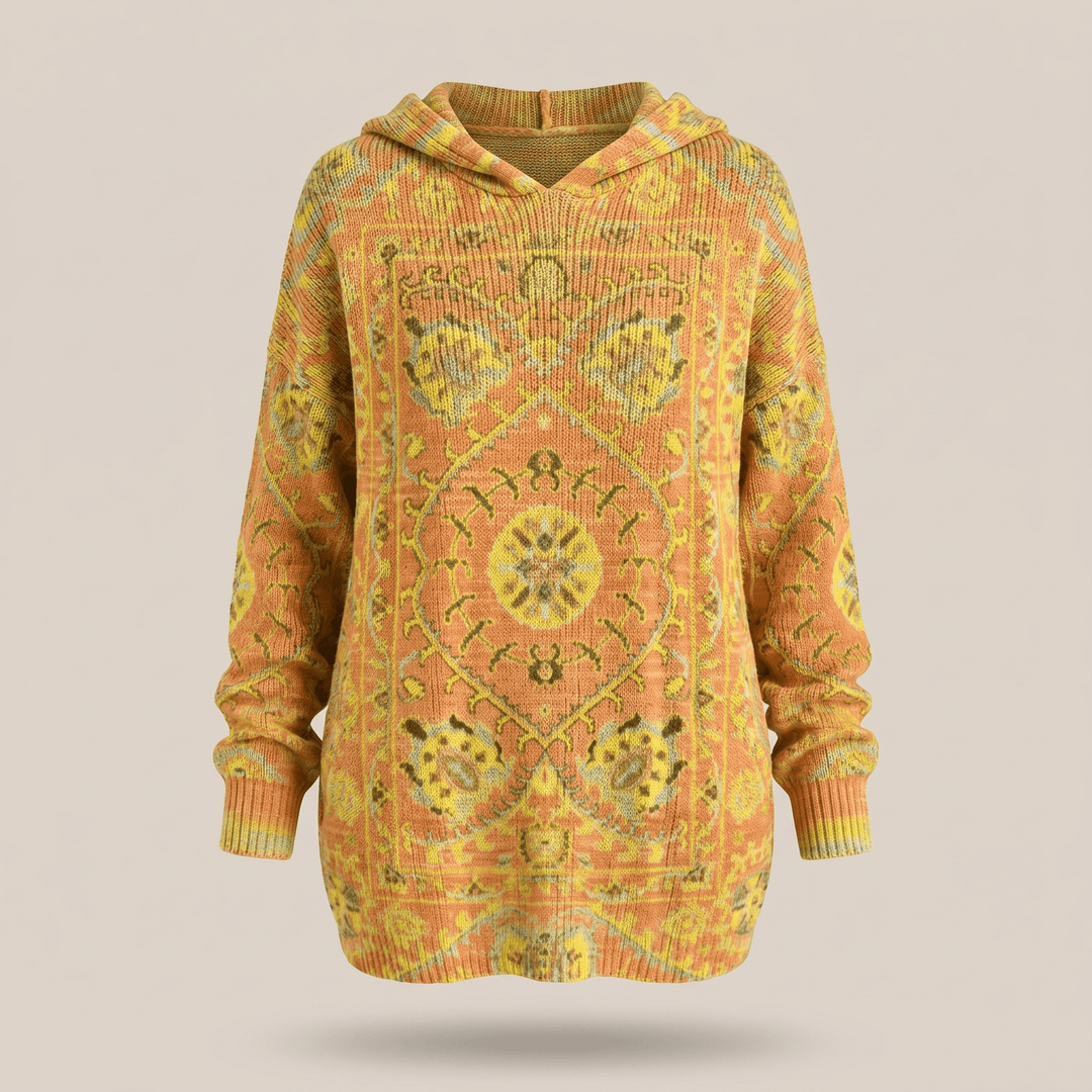 Bohemian hooded tunic sweater in yellow with multicolor patterned print, long sleeves