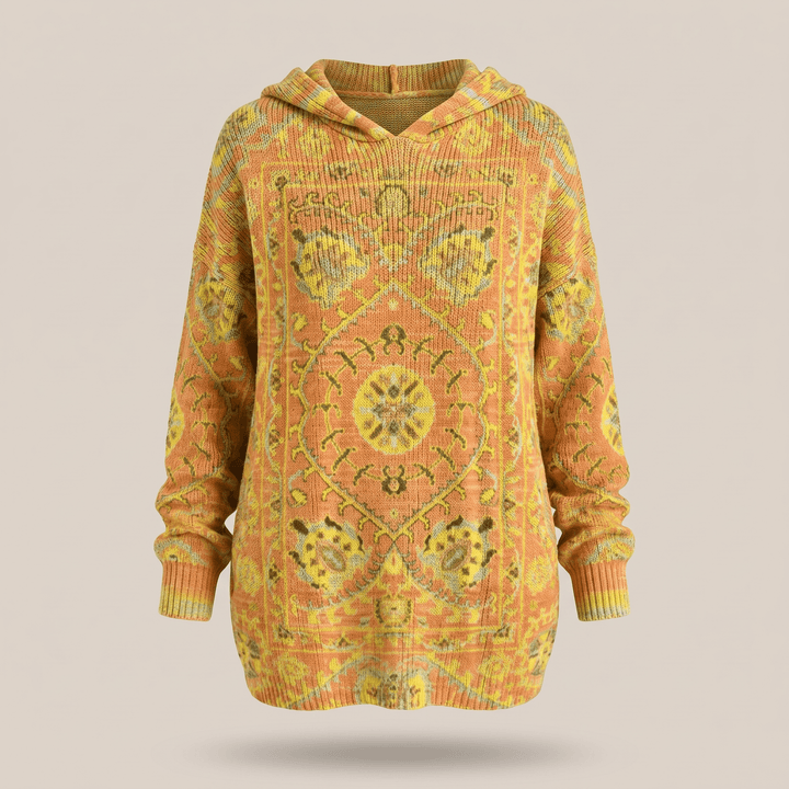 Bohemian hooded tunic sweater in yellow with multicolor patterned print, long sleeves