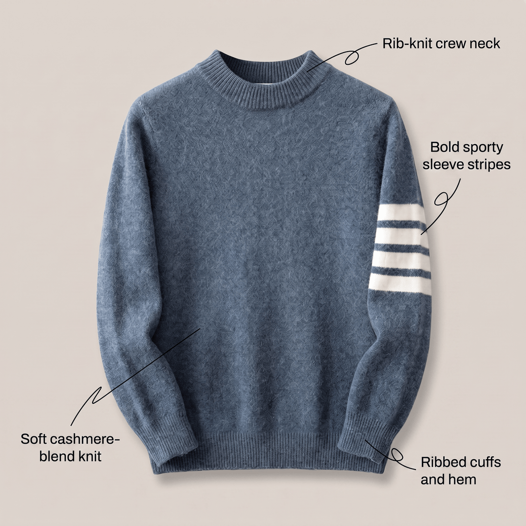 Blue cashmere crewneck sweater with ribbed trim and bold sleeve stripe detail