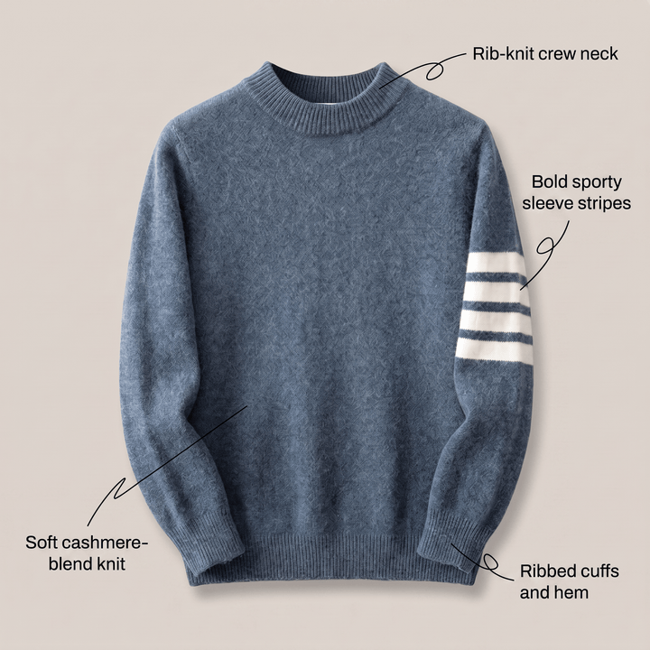 Blue cashmere crewneck sweater with ribbed trim and bold sleeve stripe detail