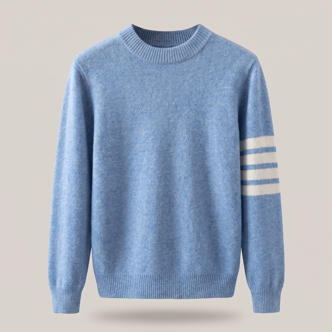Light blue cashmere crewneck sweater with ribbed cuffs, hem, and sleeve stripes