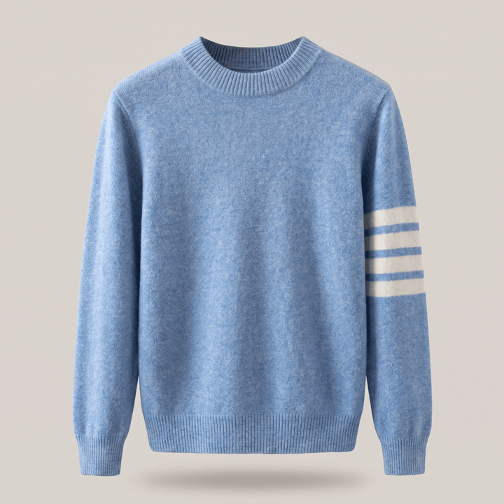 Light blue cashmere crewneck sweater with ribbed cuffs, hem, and sleeve stripes