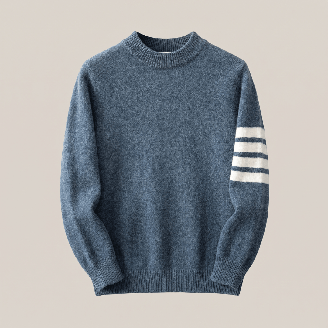 Heather blue cashmere crewneck sweater with ribbed cuffs, hem, and striped sleeves