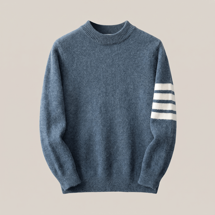 Heather blue cashmere crewneck sweater with ribbed cuffs, hem, and striped sleeves