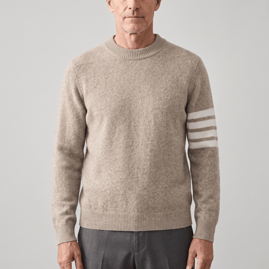Oatmeal cashmere crewneck sweater with ribbed cuffs, hem, and striped sleeves