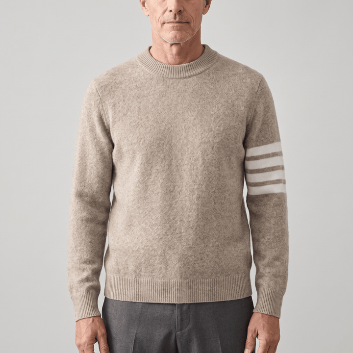 Oatmeal cashmere crewneck sweater with ribbed cuffs, hem, and striped sleeves
