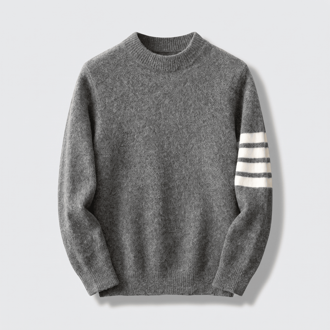 Grey cashmere crewneck sweater with ribbed cuffs, hem, and striped sleeves