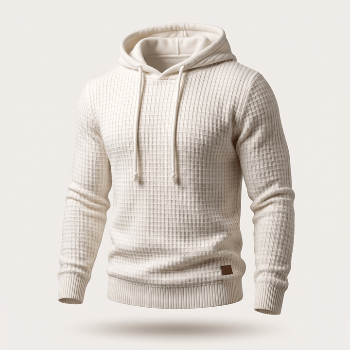 Beige waffle-knit hoodie with adjustable drawstring hood, kangaroo pocket, ribbed cuffs and hem