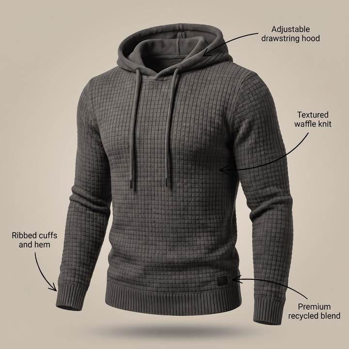 Dark grey waffle-knit hoodie with adjustable drawstring hood, ribbed cuffs and hem, small logo patch