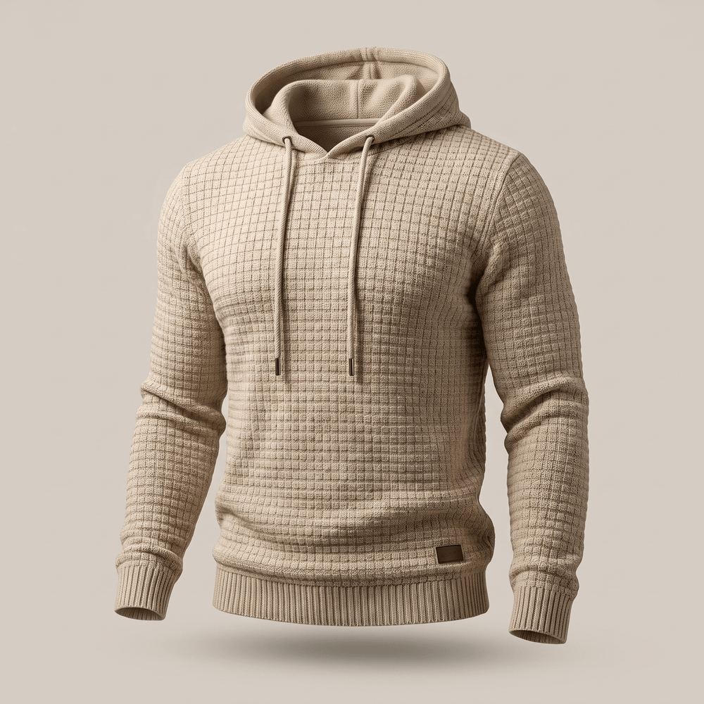 Beige waffle-knit knit hoodie with drawstring hood and kangaroo pocket, ribbed cuffs and hem