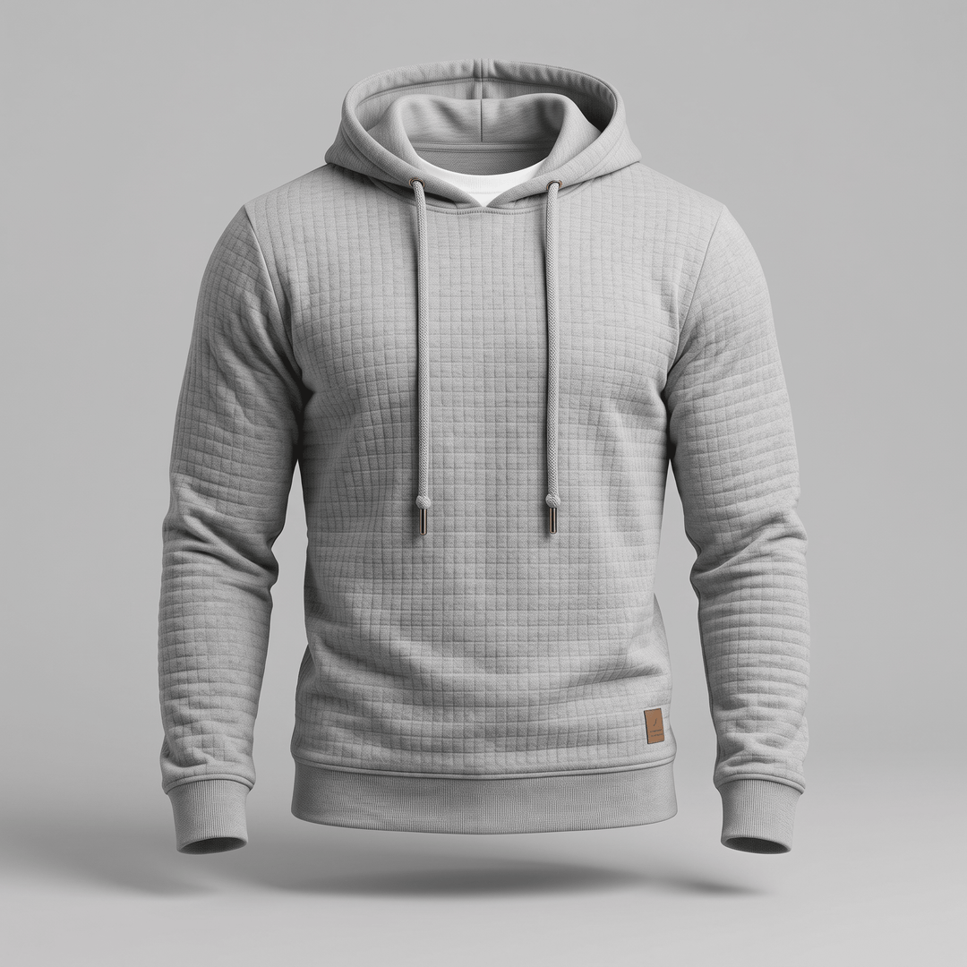 Light grey/white waffle-knit hoodie with drawstring hood and kangaroo pocket, ribbed cuffs and hem