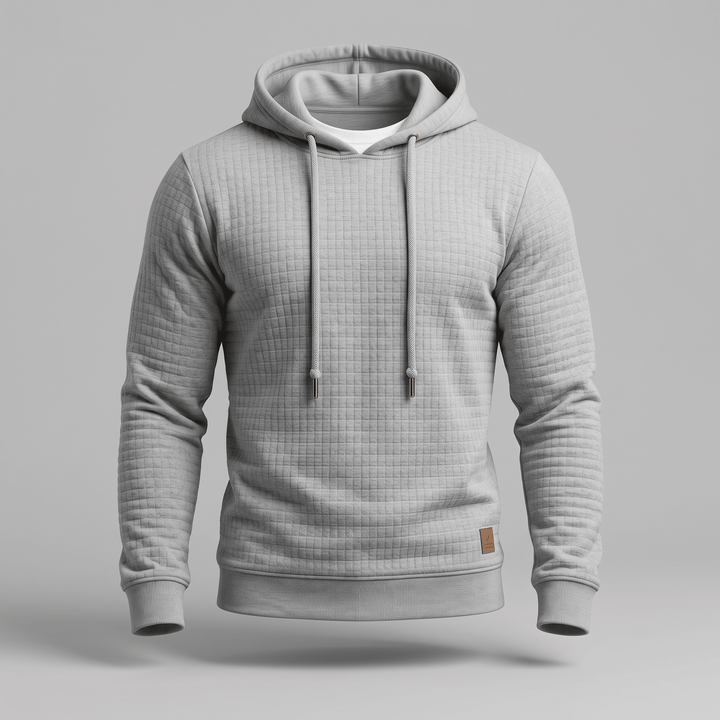 Light grey/white waffle-knit hoodie with drawstring hood and kangaroo pocket, ribbed cuffs and hem