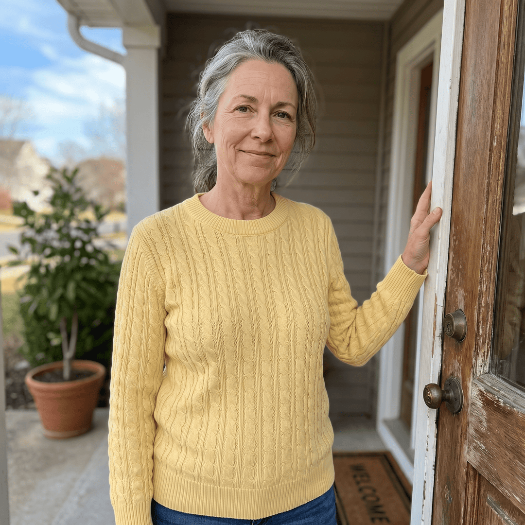 Yellow cable knit crewneck sweater with long sleeves, ribbed cuffs and hem.
