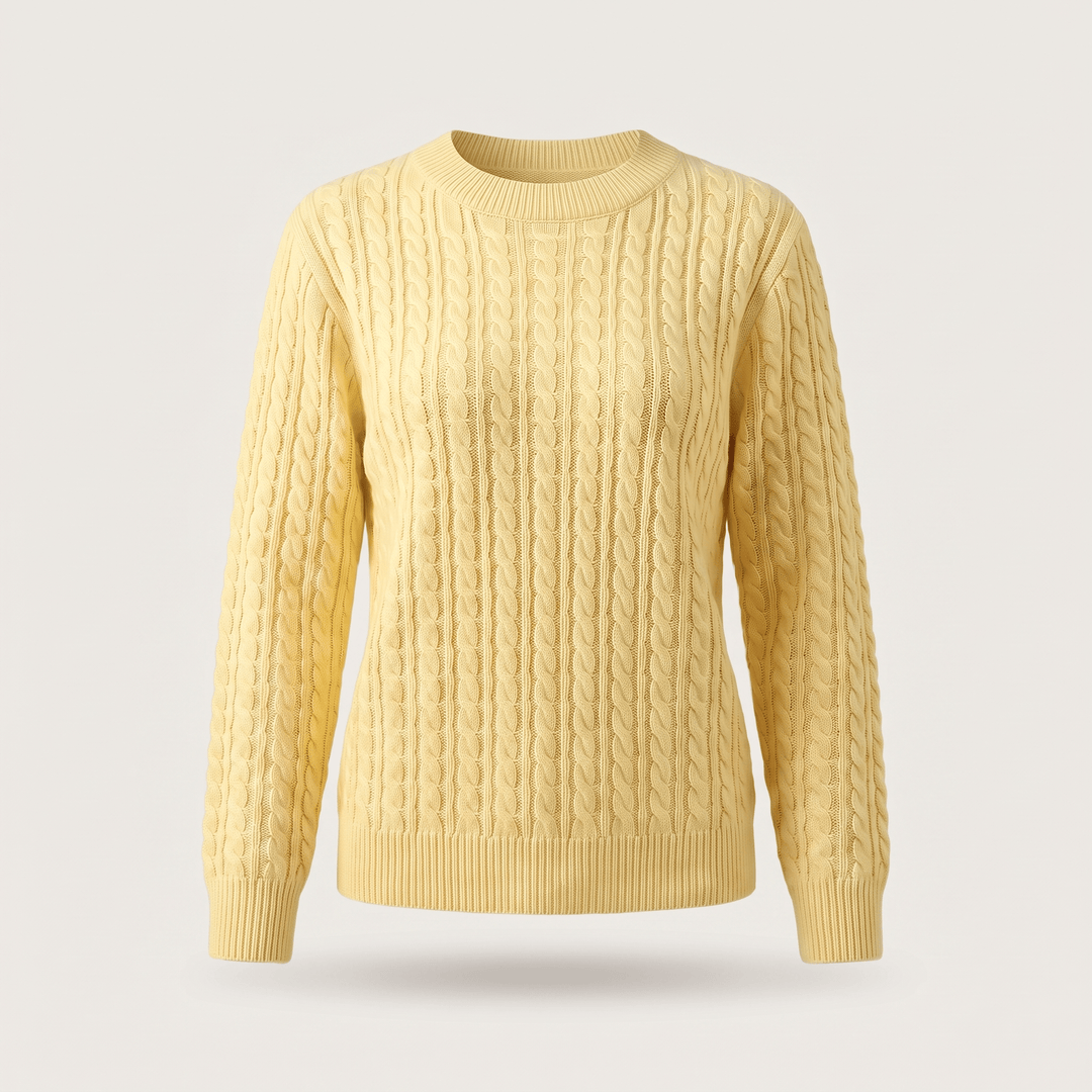 Yellow cable knit crewneck sweater with long sleeves and ribbed hem and cuffs