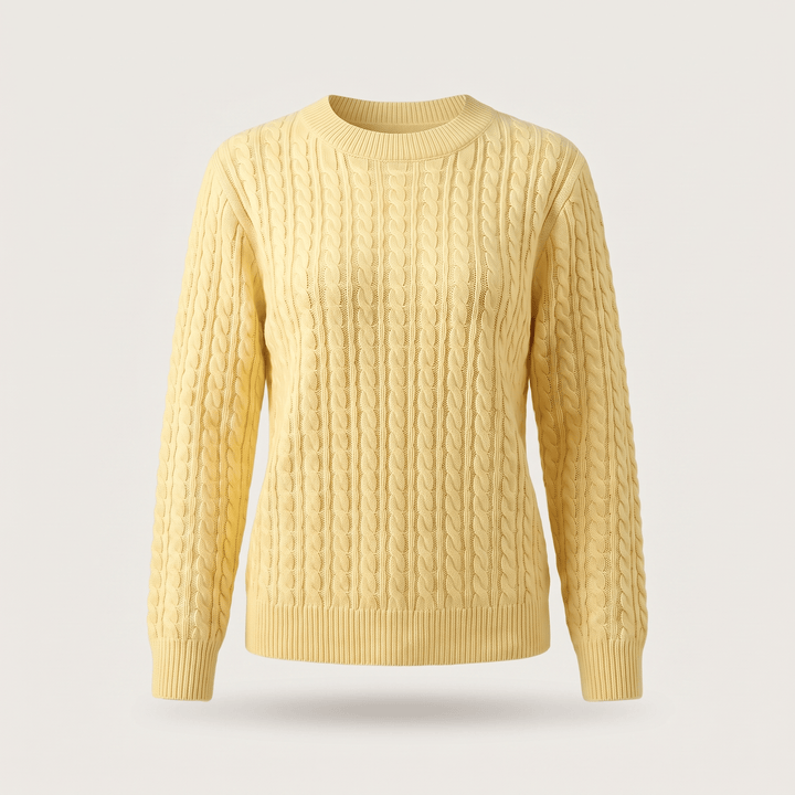 Yellow cable knit crewneck sweater with long sleeves and ribbed hem and cuffs