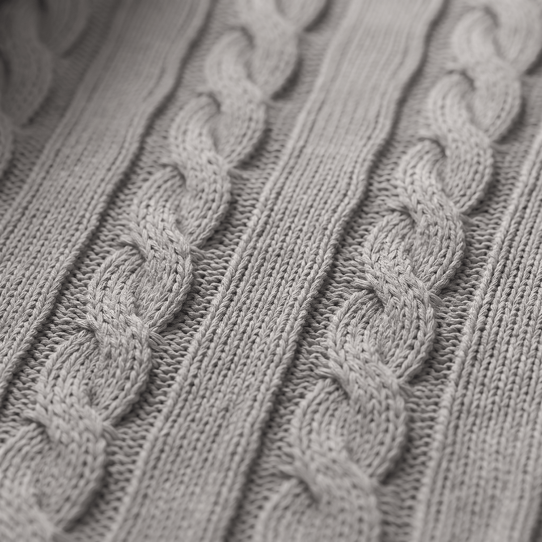 Grey cable knit sweater fabric close-up with textured braided pattern.
