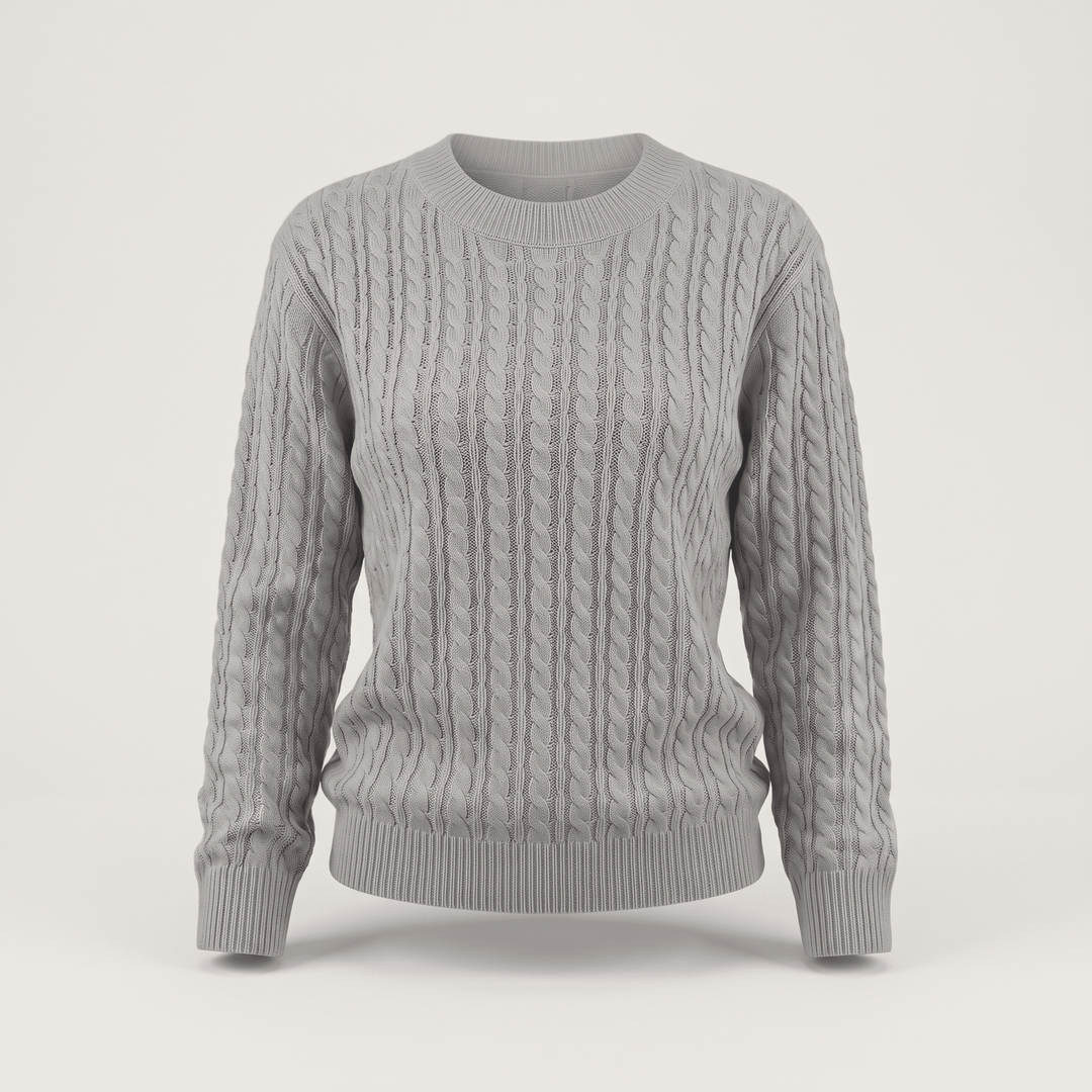 Grey cable knit crewneck sweater with long sleeves and ribbed hem and cuffs