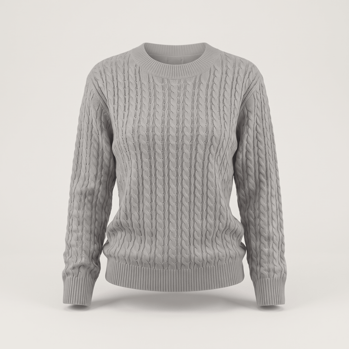 Grey cable knit crewneck sweater with long sleeves and ribbed hem and cuffs
