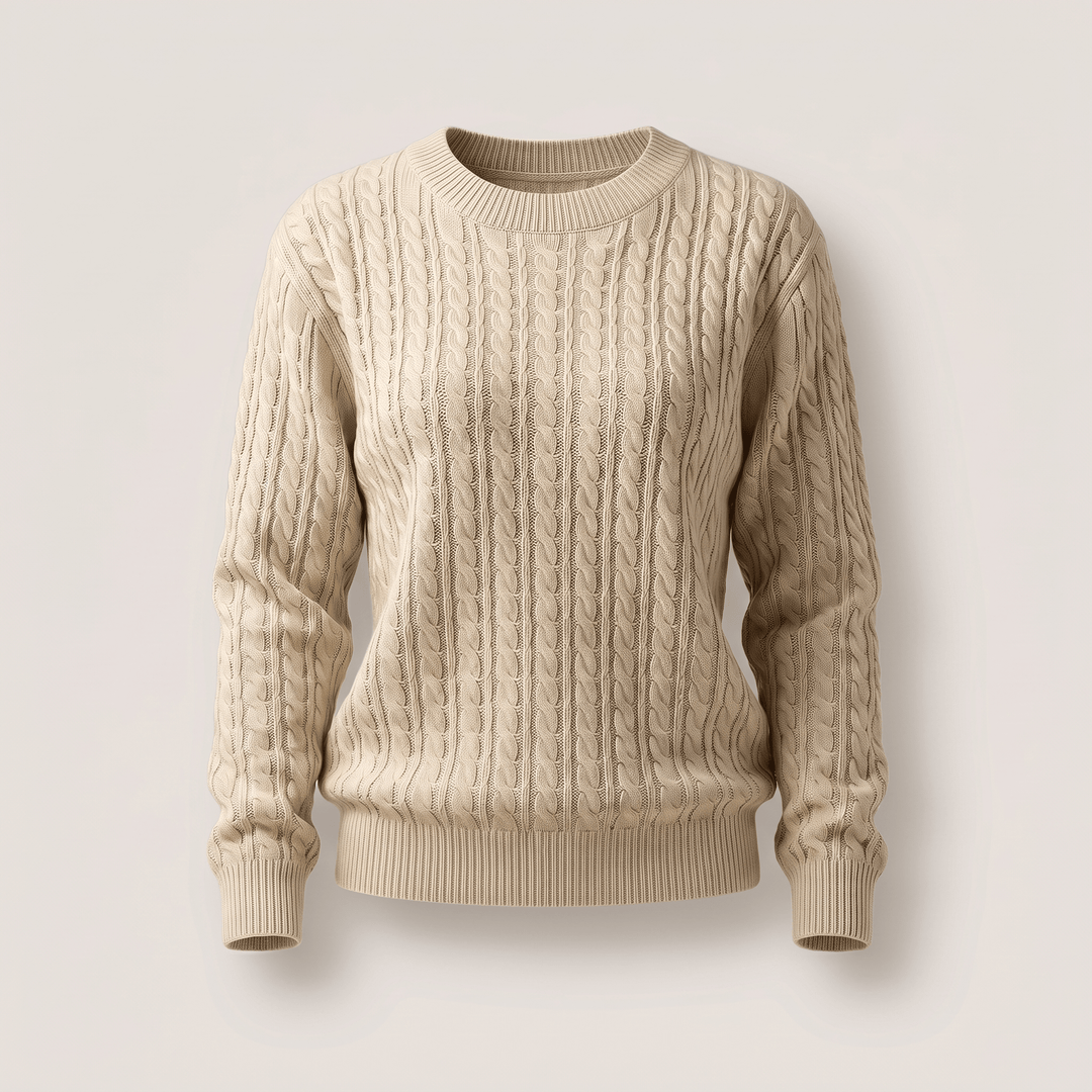 Khaki cable knit crewneck sweater with long sleeves and ribbed hem and cuffs