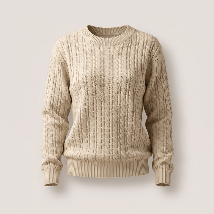 Khaki cable knit crewneck sweater with long sleeves and ribbed hem and cuffs