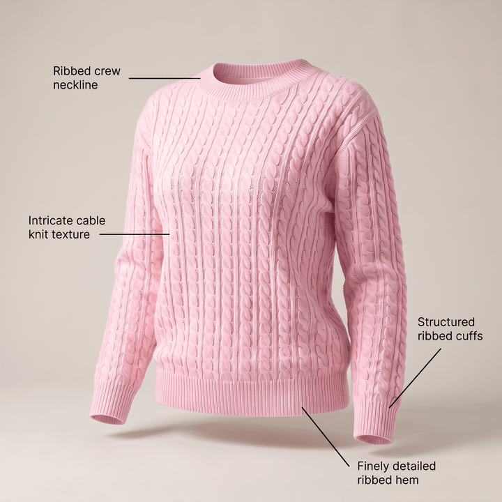 Pink cable knit crewneck sweater with ribbed cuffs and finely ribbed hem.