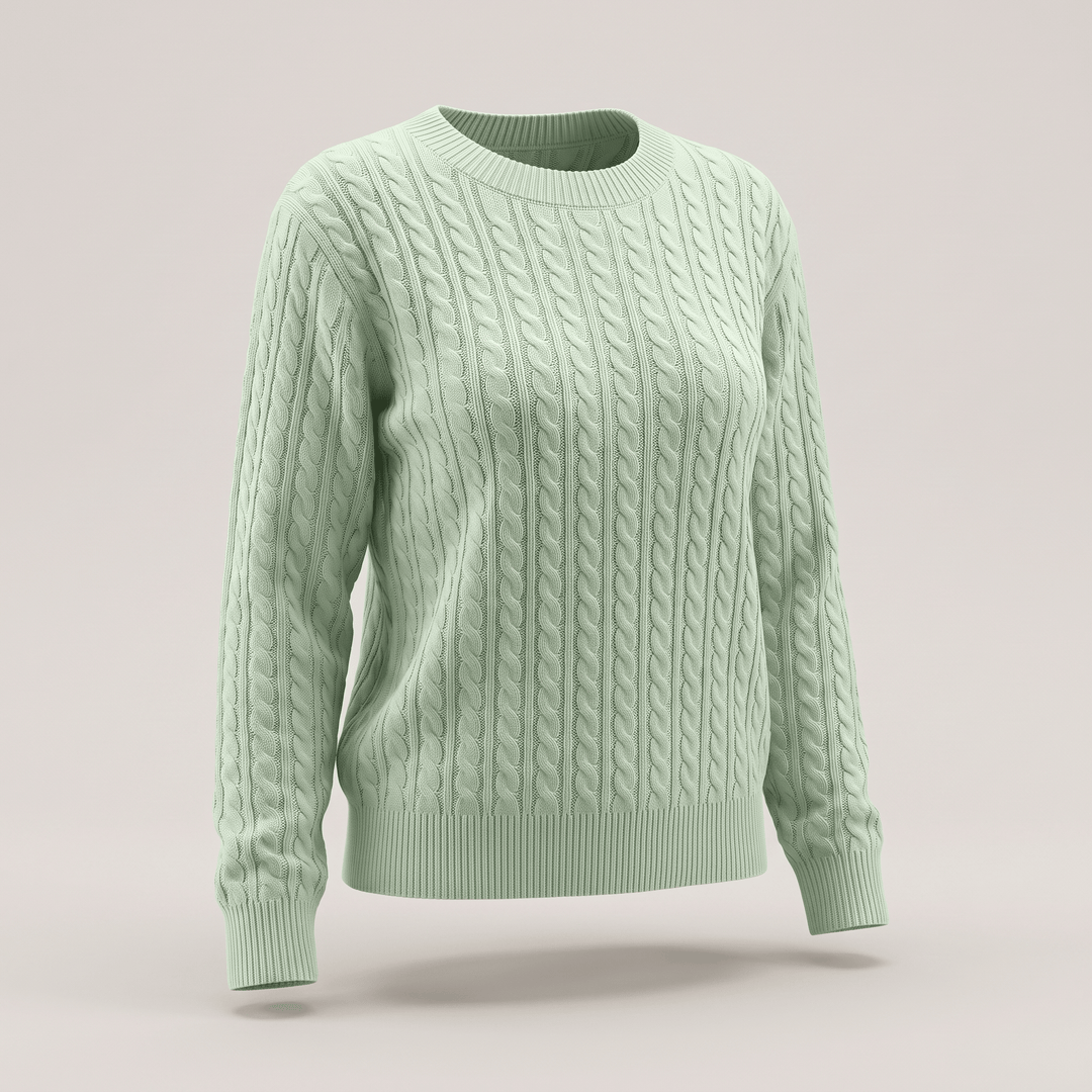 Green cable knit crewneck sweater with long sleeves and ribbed hem and cuffs