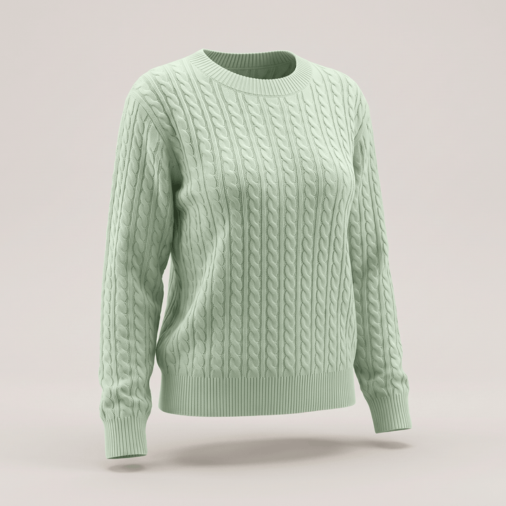 Green cable knit crewneck sweater with long sleeves and ribbed hem and cuffs