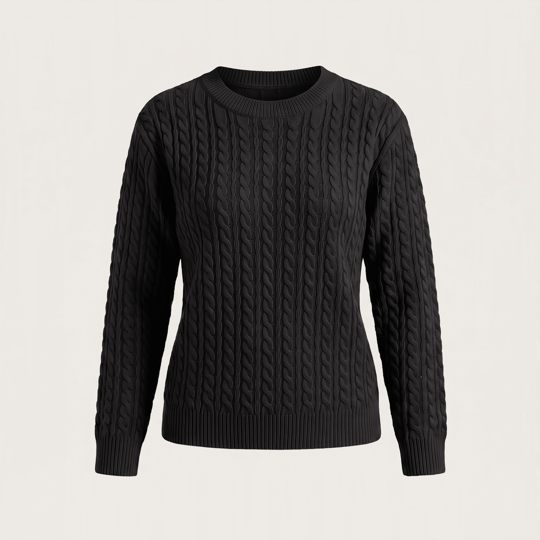 Black cable knit crewneck sweater with long sleeves and ribbed hem and cuffs