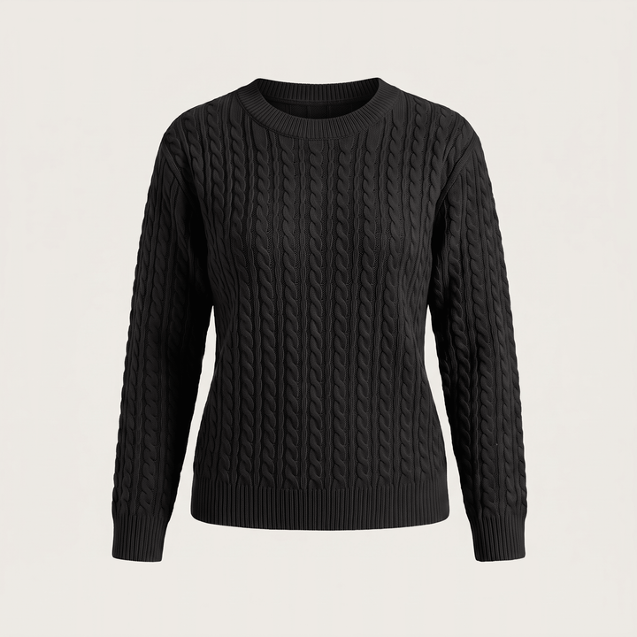 Black cable knit crewneck sweater with long sleeves and ribbed hem and cuffs