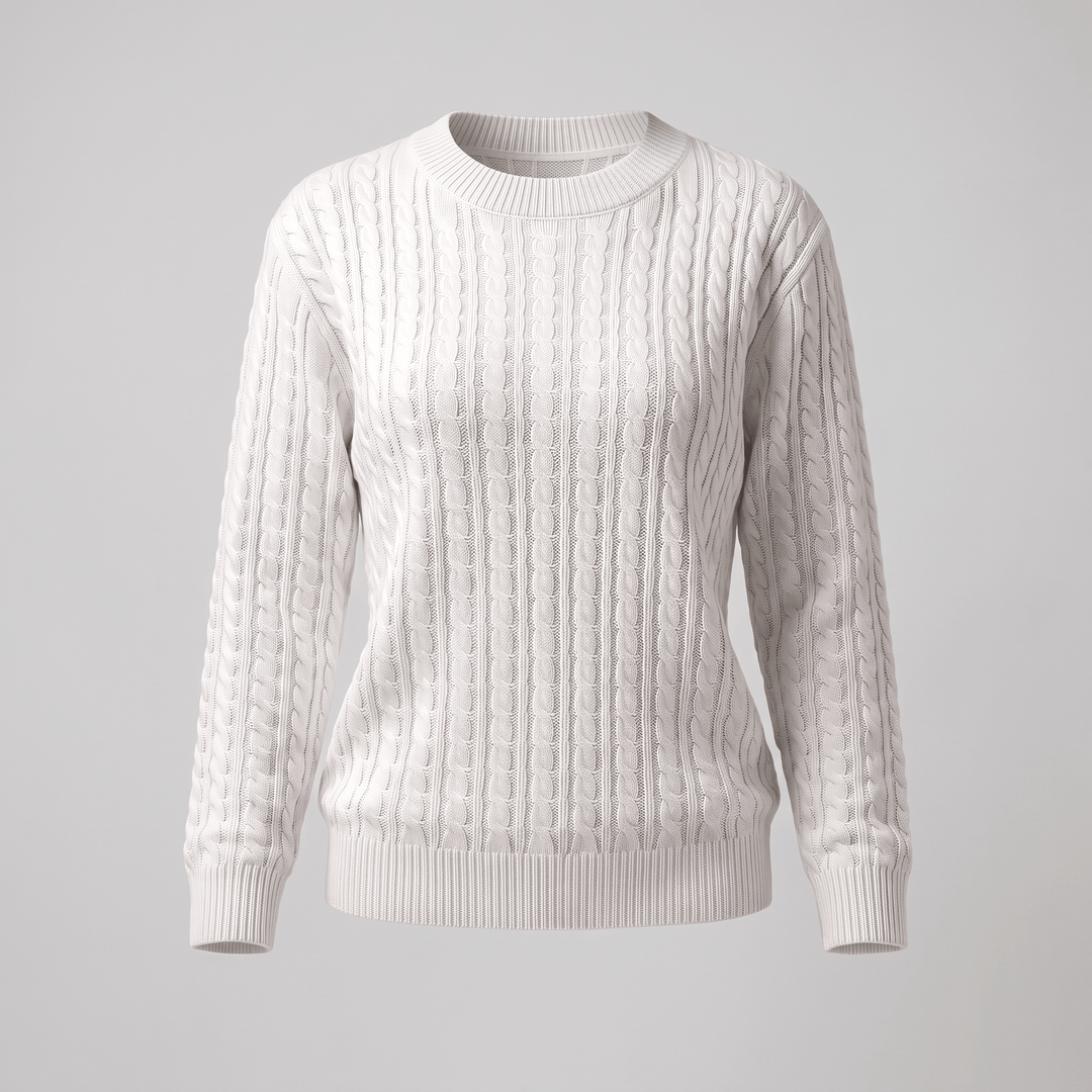 White cable knit crewneck sweater with long sleeves and ribbed hem and cuffs