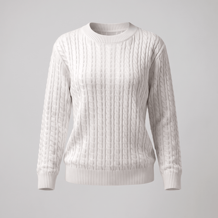 White cable knit crewneck sweater with long sleeves and ribbed hem and cuffs