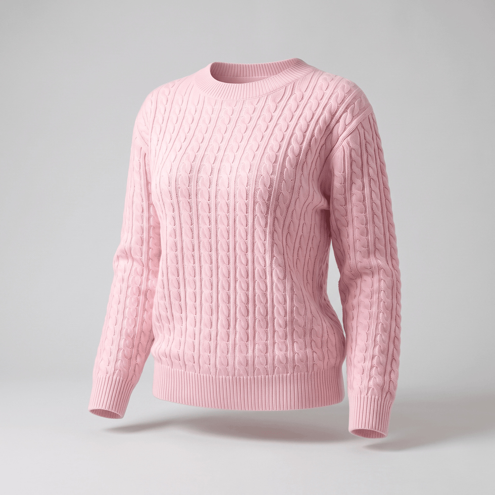 Pink cable knit crewneck sweater with long sleeves and ribbed hem and cuffs