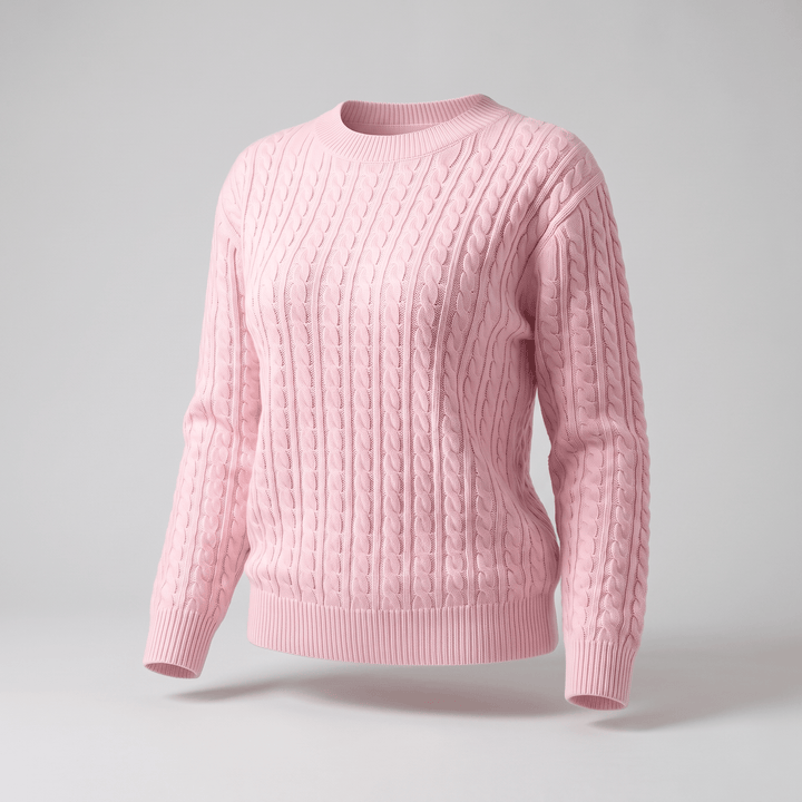 Pink cable knit crewneck sweater with long sleeves and ribbed hem and cuffs