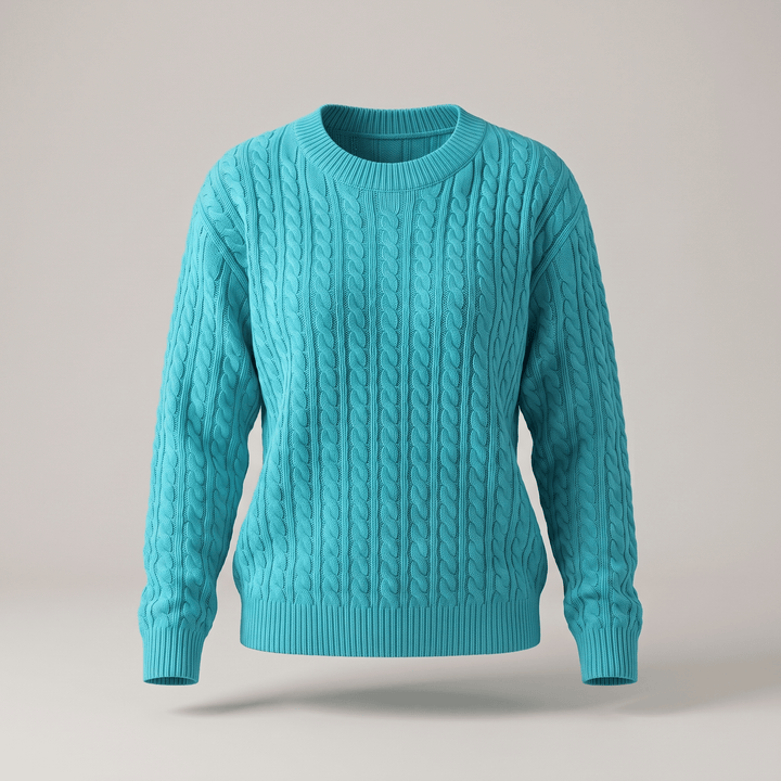 Sky blue cable knit crewneck sweater with long sleeves and ribbed hem and cuffs