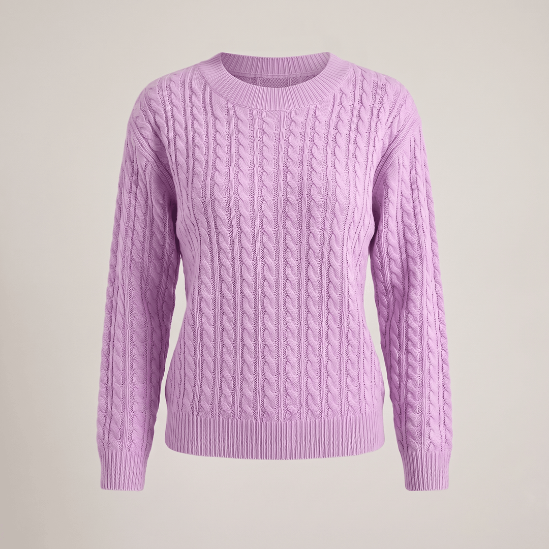 Purple cable knit crewneck sweater with long sleeves and ribbed hem and cuffs