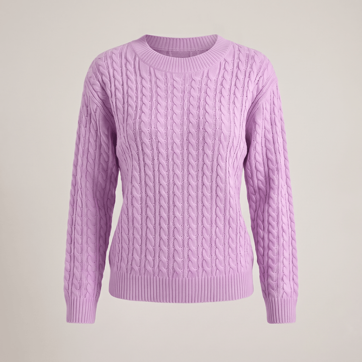 Purple cable knit crewneck sweater with long sleeves and ribbed hem and cuffs