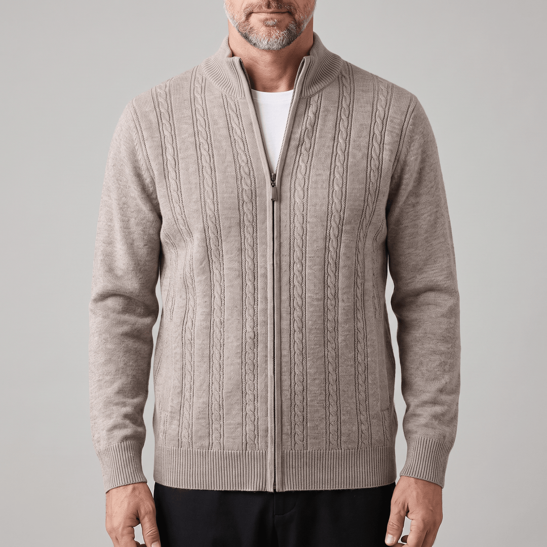 MARIVELLE cashmere cable-knit zip sweater, beige, ribbed stand collar and cuffs