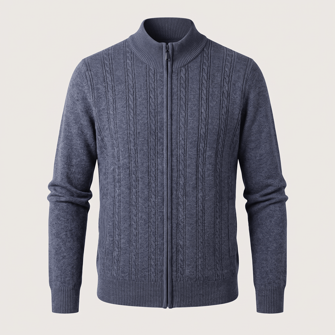 MARIVELLE cashmere cable-knit zip sweater, blue, ribbed stand collar and cuffs