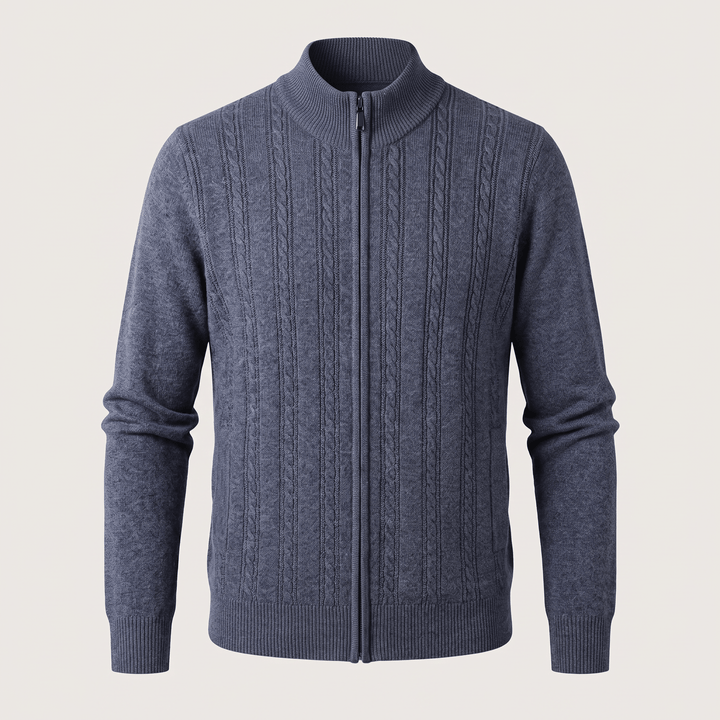 MARIVELLE cashmere cable-knit zip sweater, blue, ribbed stand collar and cuffs