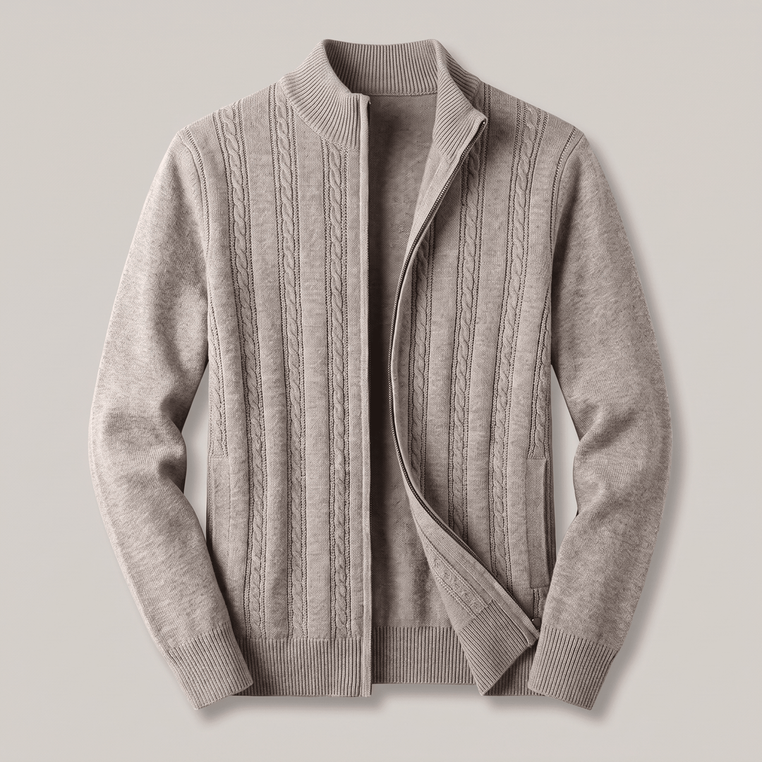 MARIVELLE cashmere cable-knit zip sweater, beige, stand collar with zip front