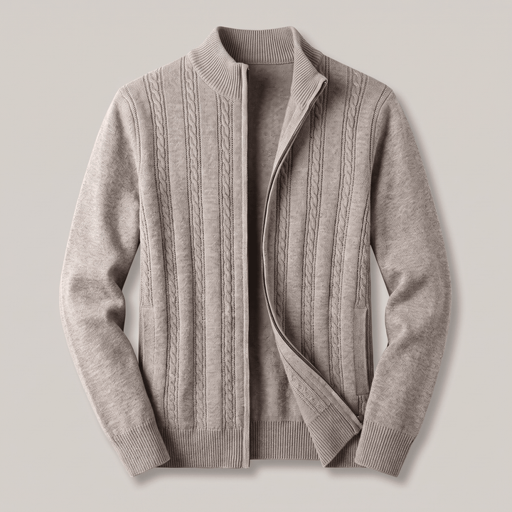 MARIVELLE cashmere cable-knit zip sweater, beige, stand collar with zip front