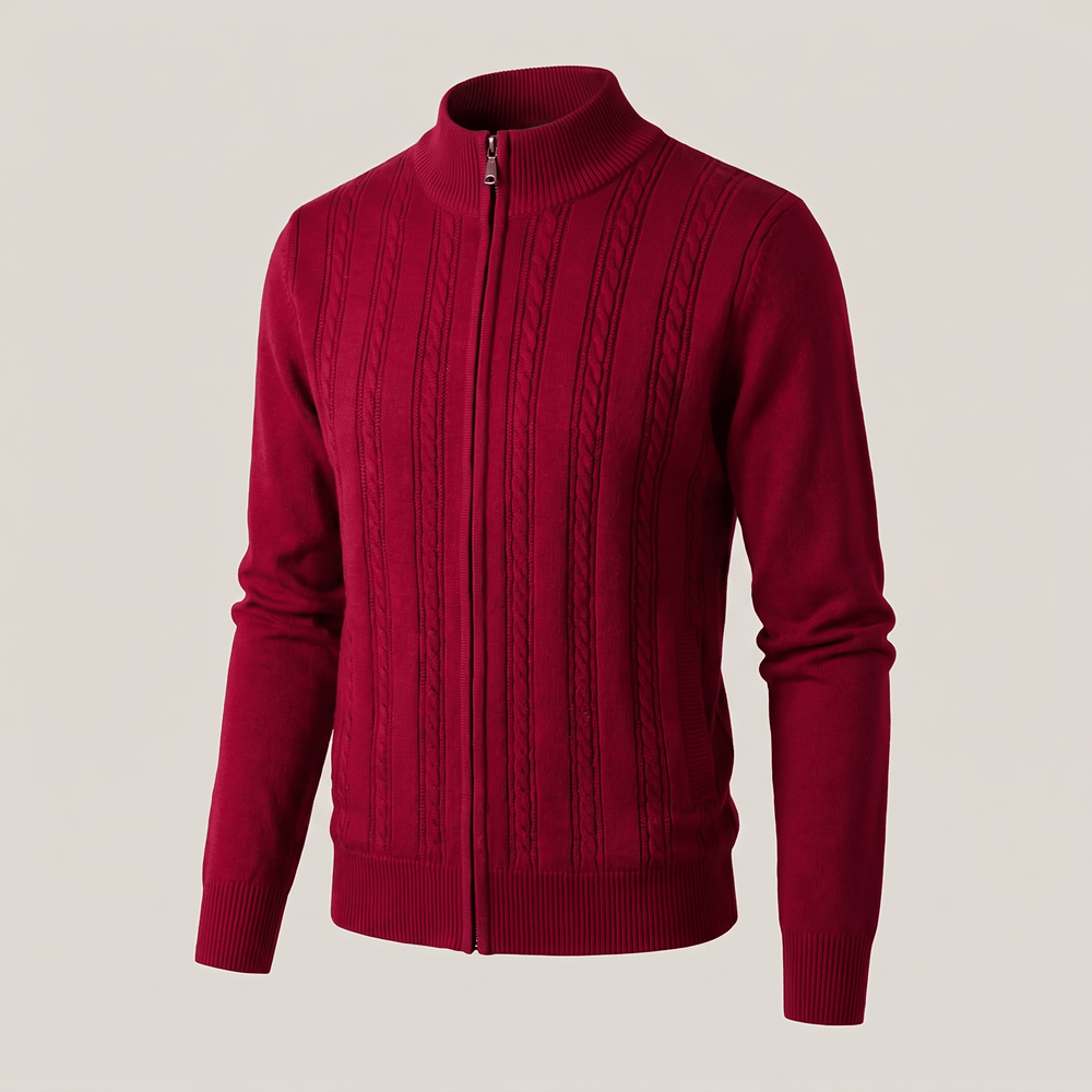 MARIVELLE cashmere cable-knit zip sweater, red, ribbed stand collar and cuffs