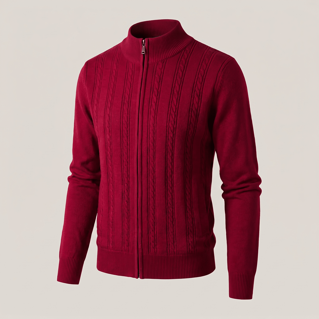 MARIVELLE cashmere cable-knit zip sweater, red, ribbed stand collar and cuffs