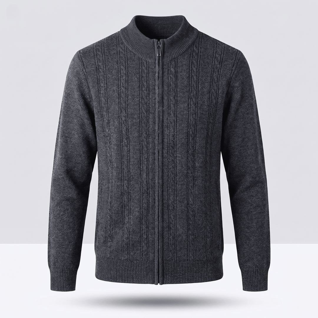 MARIVELLE cashmere cable-knit zip sweater, dark gray, ribbed stand collar and cuffs