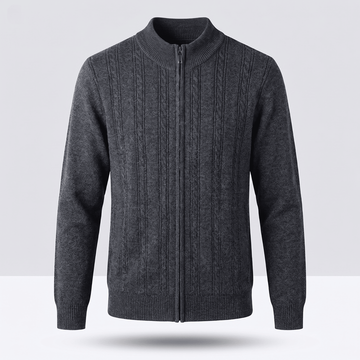 MARIVELLE cashmere cable-knit zip sweater, dark gray, ribbed stand collar and cuffs