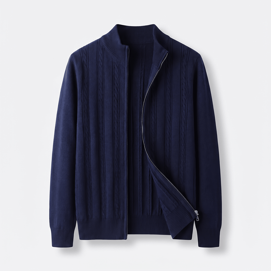 MARIVELLE cashmere cable-knit zip sweater, navy, stand collar and ribbed cuffs