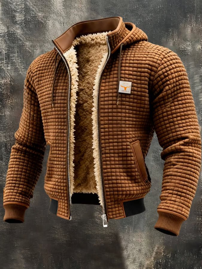 Brown quilted hooded jacket with sherpa lining, zip front, and brown leather-look trim