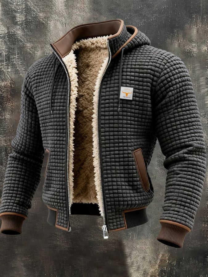 Grey quilted hooded jacket with sherpa lining, zip front, and brown leather-look trim
