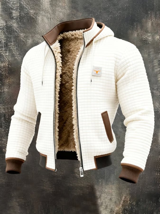 White quilted hooded jacket with sherpa lining, zip front, and brown leather-look pocket trim